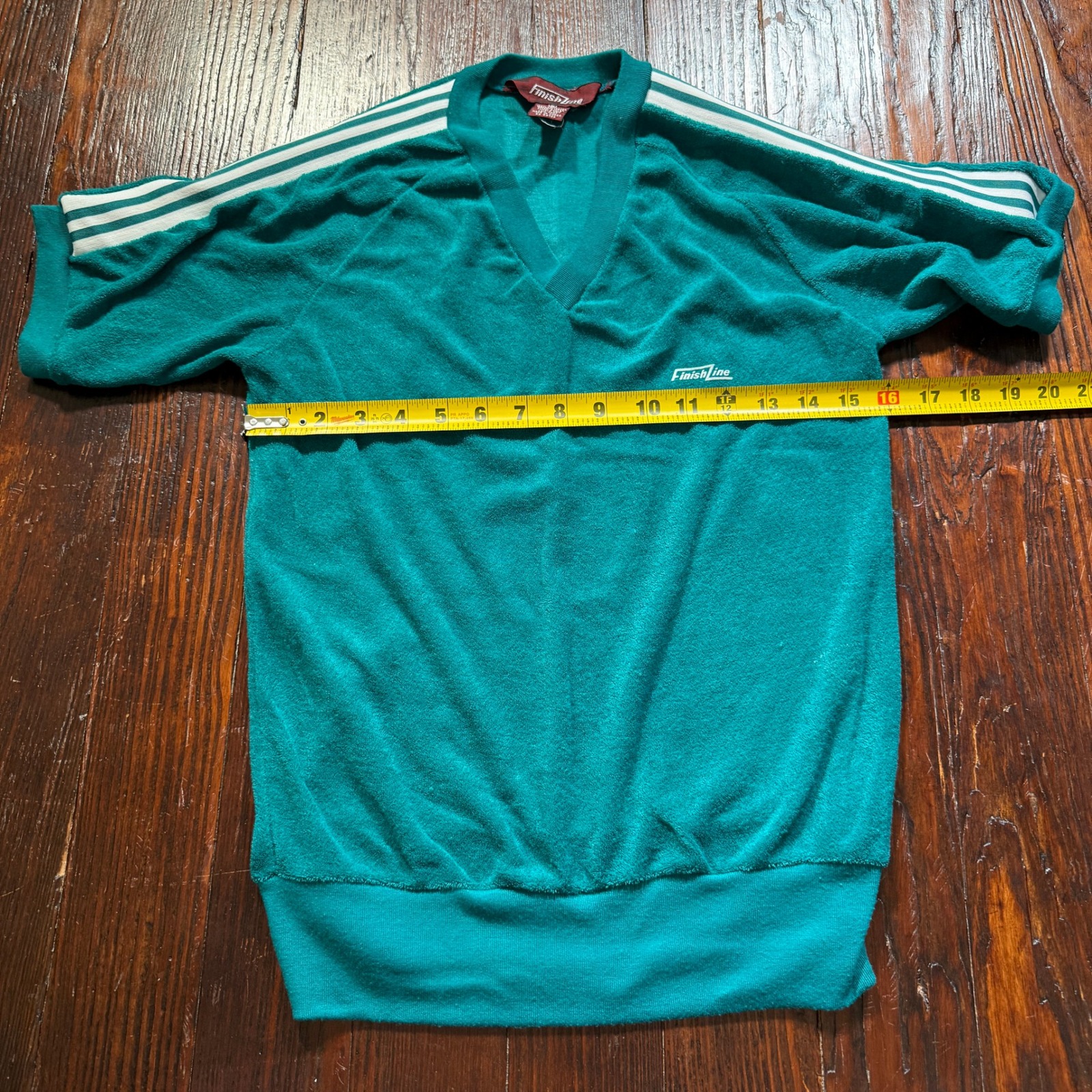 Vintage 80s Finish Line Velour Shirt Mens S Teal Green Striped V Neck — image 6 of 8